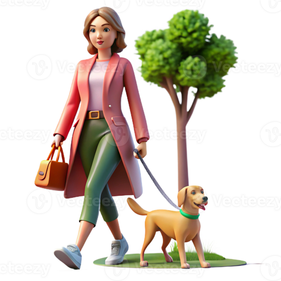 magnificent modern A woman wearing fashionable clothes walking her dog down a tree-lined street, street style photography, natural light exclusive png