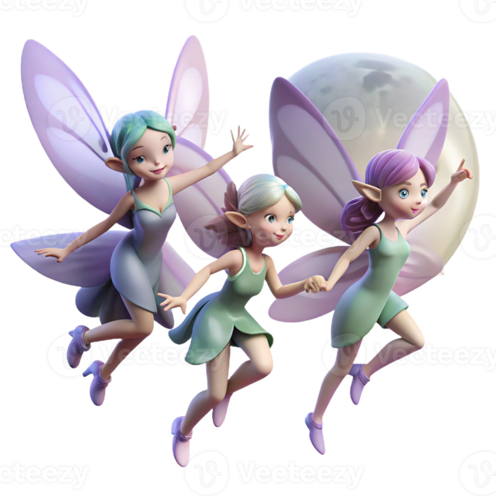 elegant rustic A group of fairies flitting through a moonlit forest, their wings shimmering with magic, enchanting and whimsical style high quality png