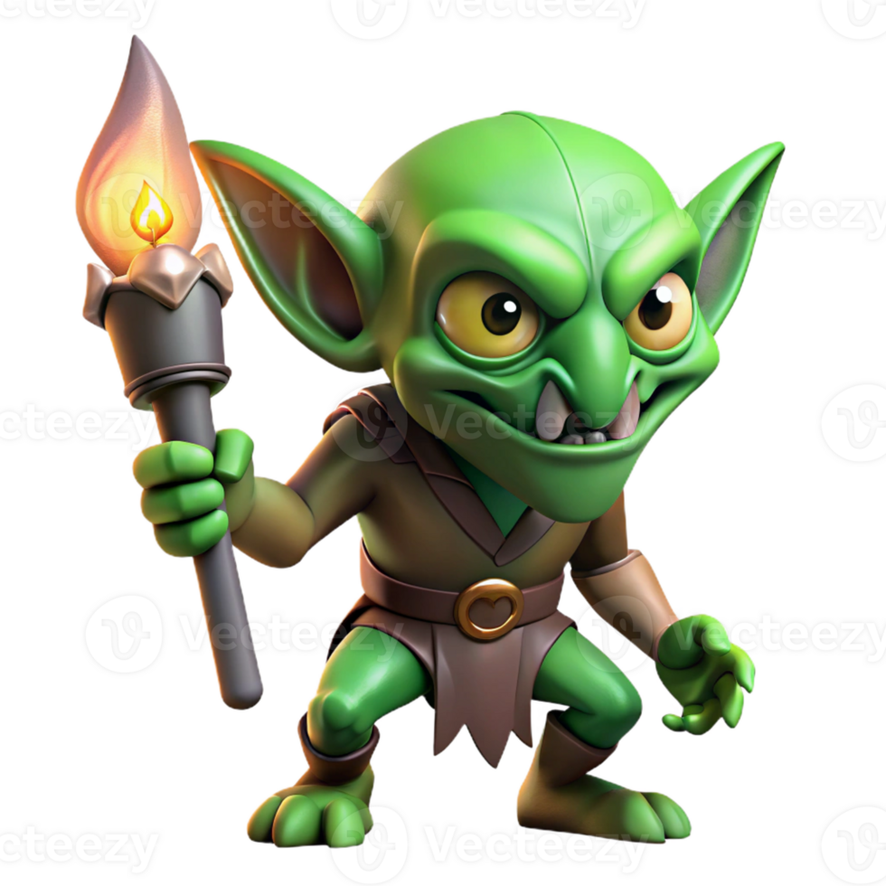 impressive creative A cunning goblin with sharp teeth and glowing green eyes, sneaking through a dark alley, lit by a single torch. Gothic style high resolution png