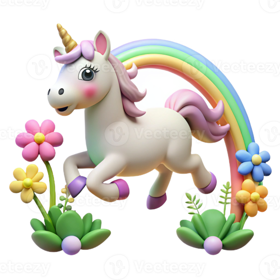 wonderful minimalist A cartoon unicorn galloping through a field of flowers, illuminated by a rainbow, rendered in a whimsical and dreamy cartoon style 4K png