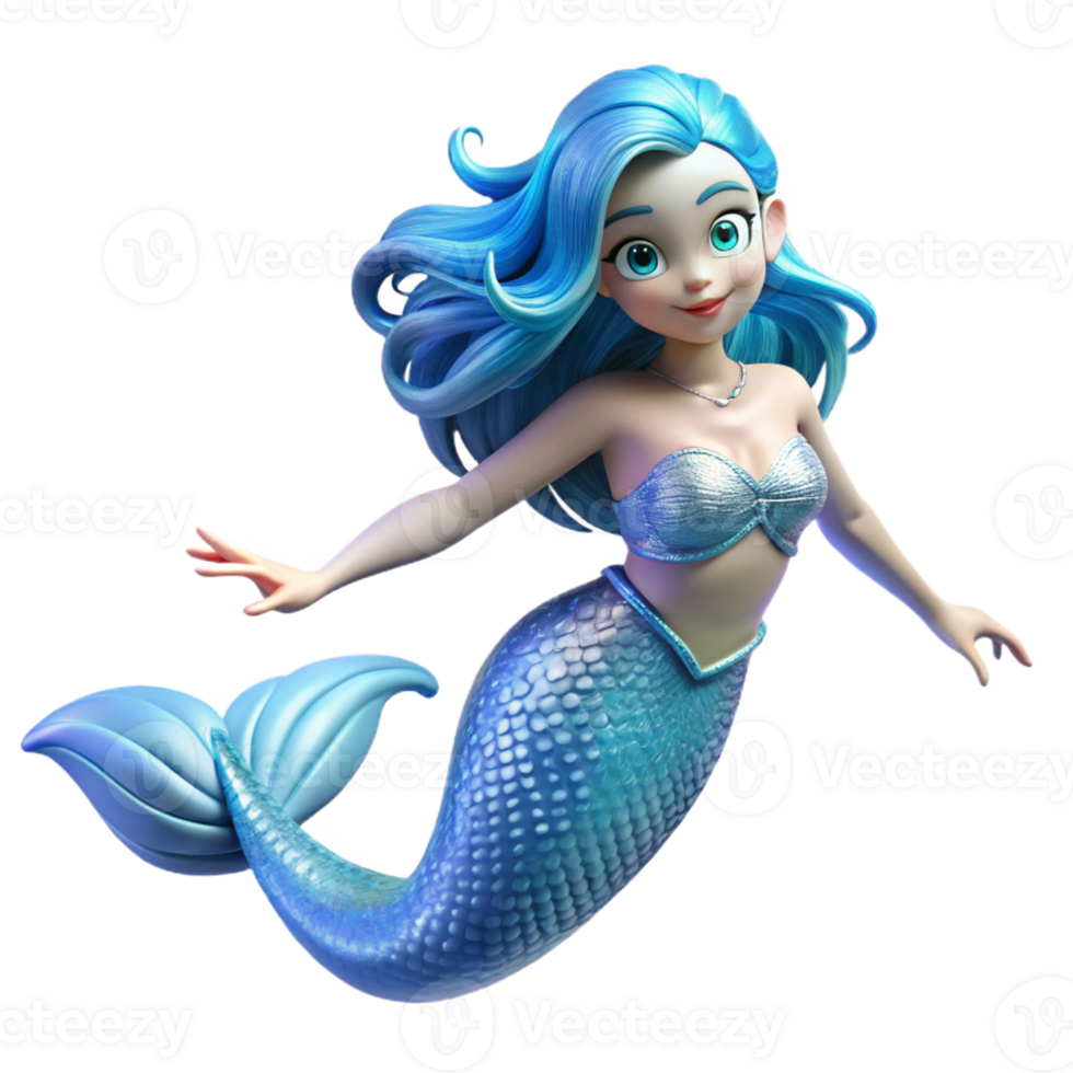extraordinary rustic A graceful mermaid with flowing blue hair and shimmering scales, swimming in crystal-clear water, sunlight filtering through the surface, serene and magical style detailed png
