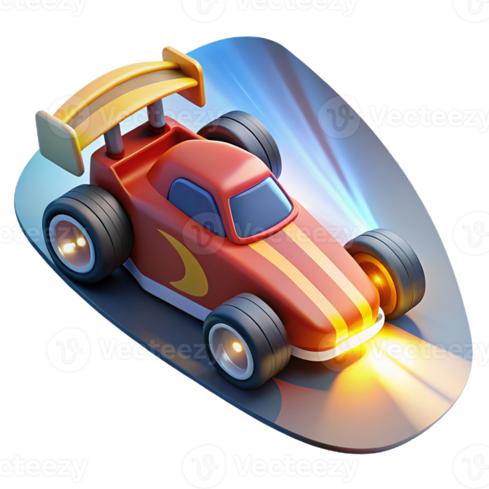 impressive artistic A cartoon race car speeding down a track, motion blur and bright stadium lights creating a sense of speed, drawn in a dynamic and energetic cartoon style genuine png