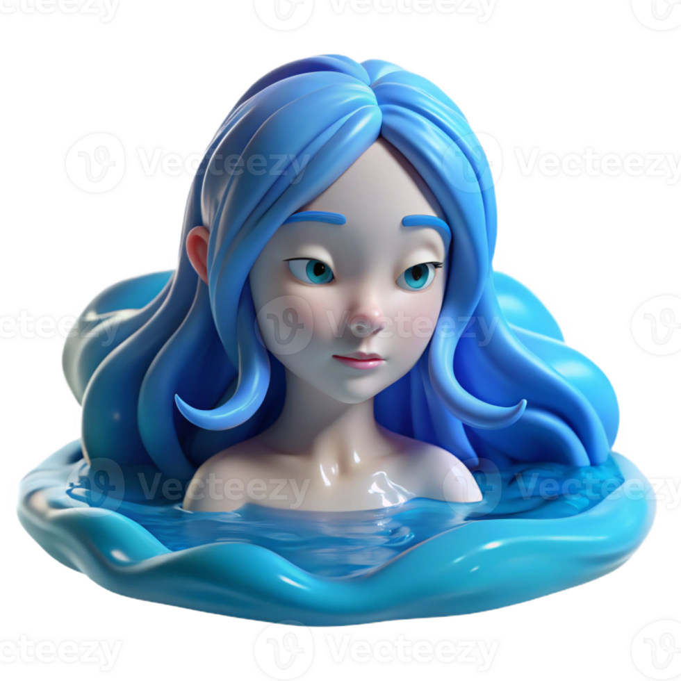 beautiful classic A serene water nymph with flowing blue hair and translucent skin, floating in a crystal-clear lake. Soft, shimmering lighting. Romantic style 4K png