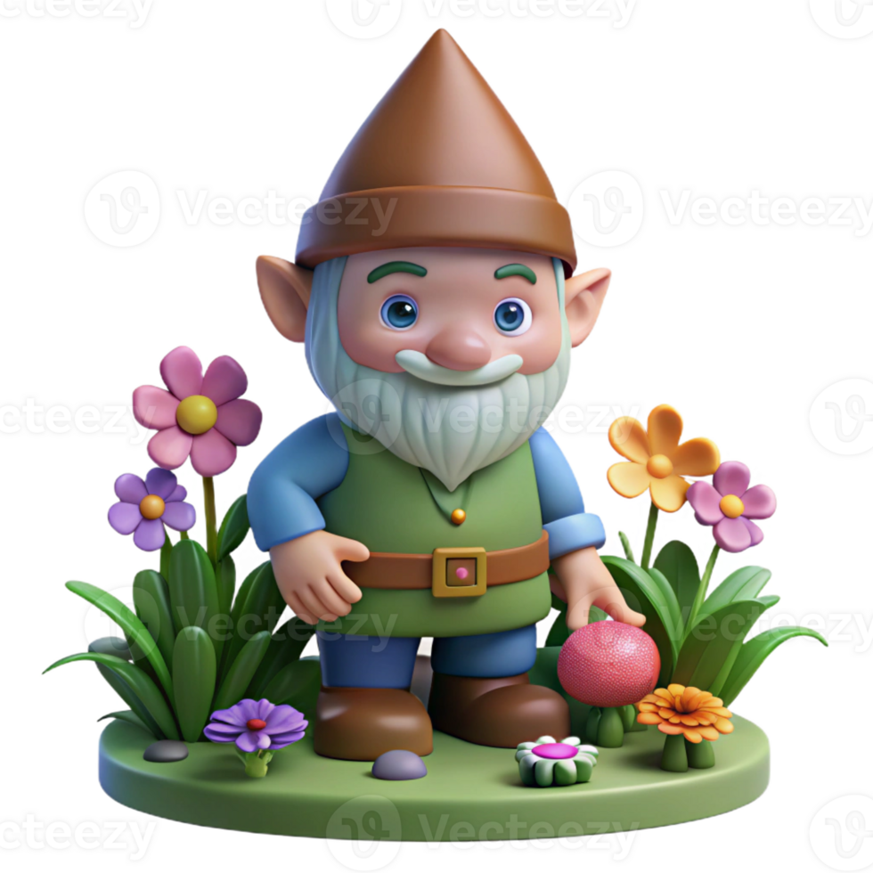 stunning vintage A whimsical gnome with a pointy hat and a cheerful smile, tending a magical garden filled with glowing flowers. Children's book illustration style exclusive png