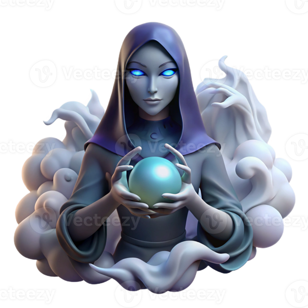 serene minimalist A mysterious, veiled woman holding a glowing crystal ball, surrounded by swirling mist, in a dark, gothic art style genuine png