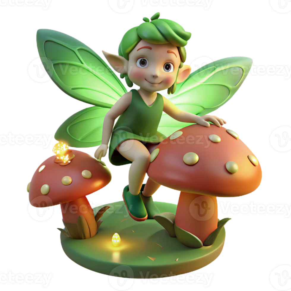 wonderful creative A mischievous forest sprite with emerald skin and butterfly wings, perched on a giant mushroom, surrounded by fireflies. Soft, dappled sunlight. Illustration style high quality png