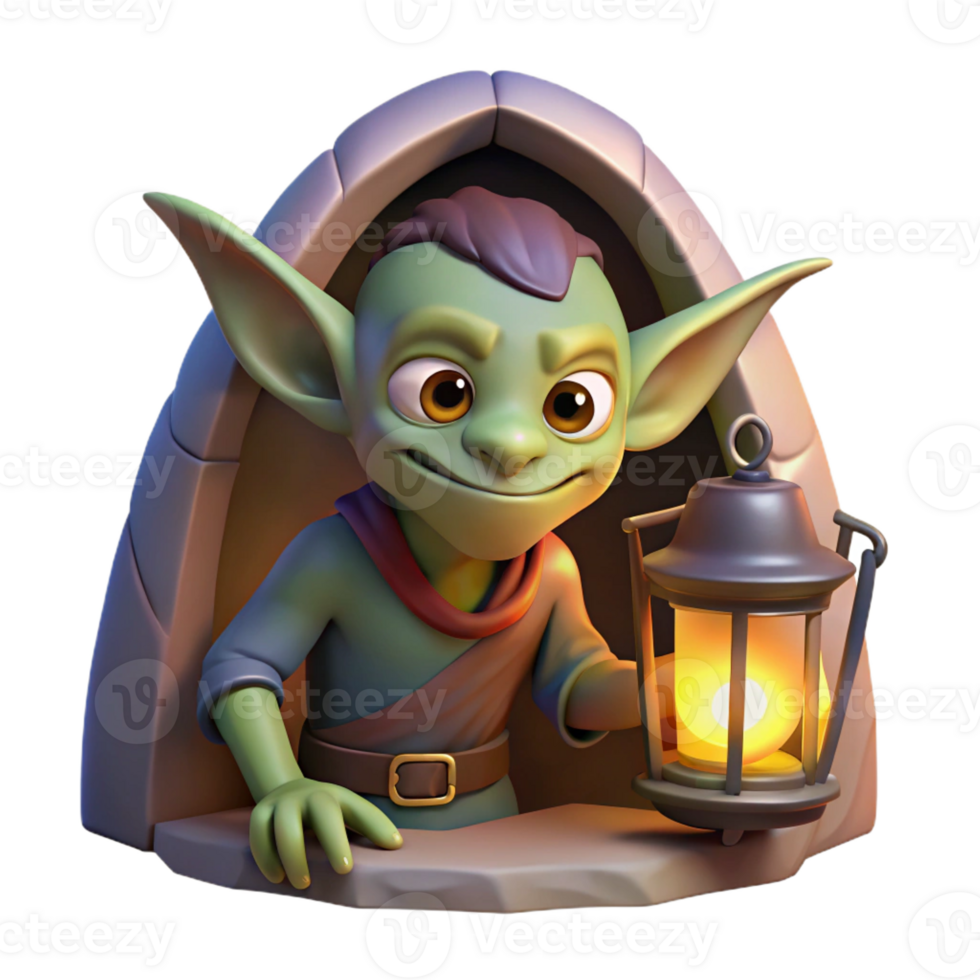 elegant artistic A cunning goblin with pointed ears and a mischievous grin, hiding in a dark cave, illuminated by the dim light of a lantern. Dark fantasy style exclusive png