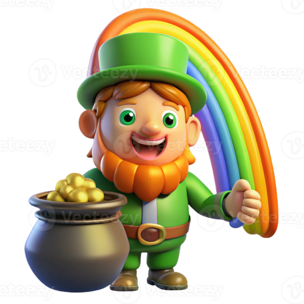beautiful rustic A mischievous leprechaun guarding a pot of gold at the end of a rainbow, illuminated by the rainbow's light, in a whimsical illustration style 4K png
