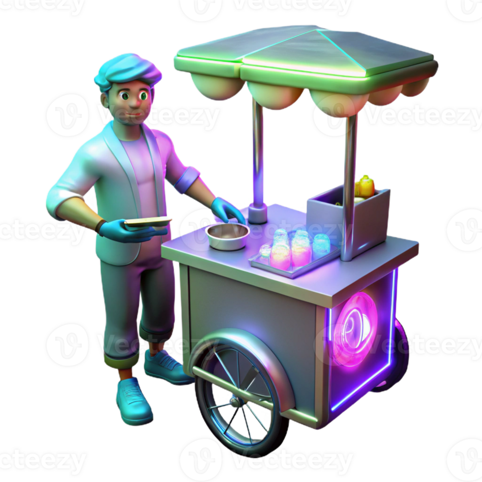 stunning minimalist A street vendor selling bioluminescent food from a futuristic cart, in a bustling cyberpunk marketplace, in a vibrant, comic book style detailed png