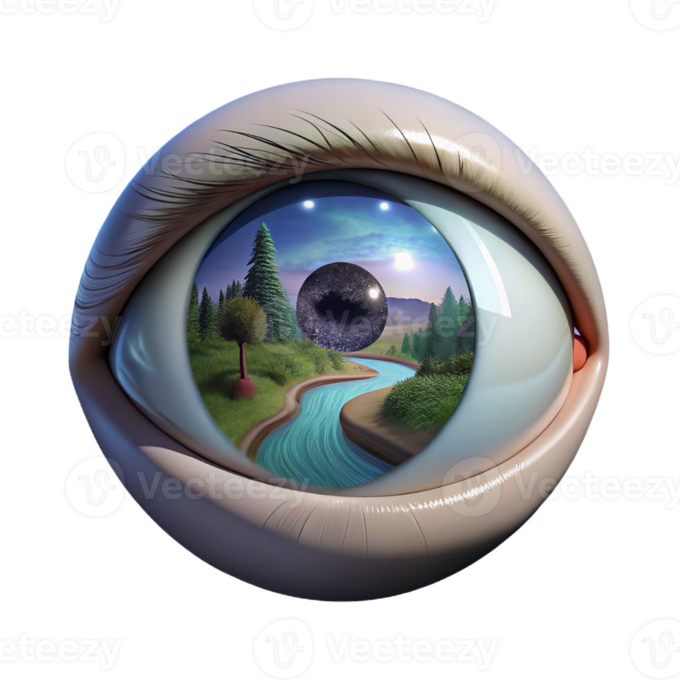 serene vintage A close-up of a human eye reflecting a natural landscape, surreal style, soft lighting detailed png
