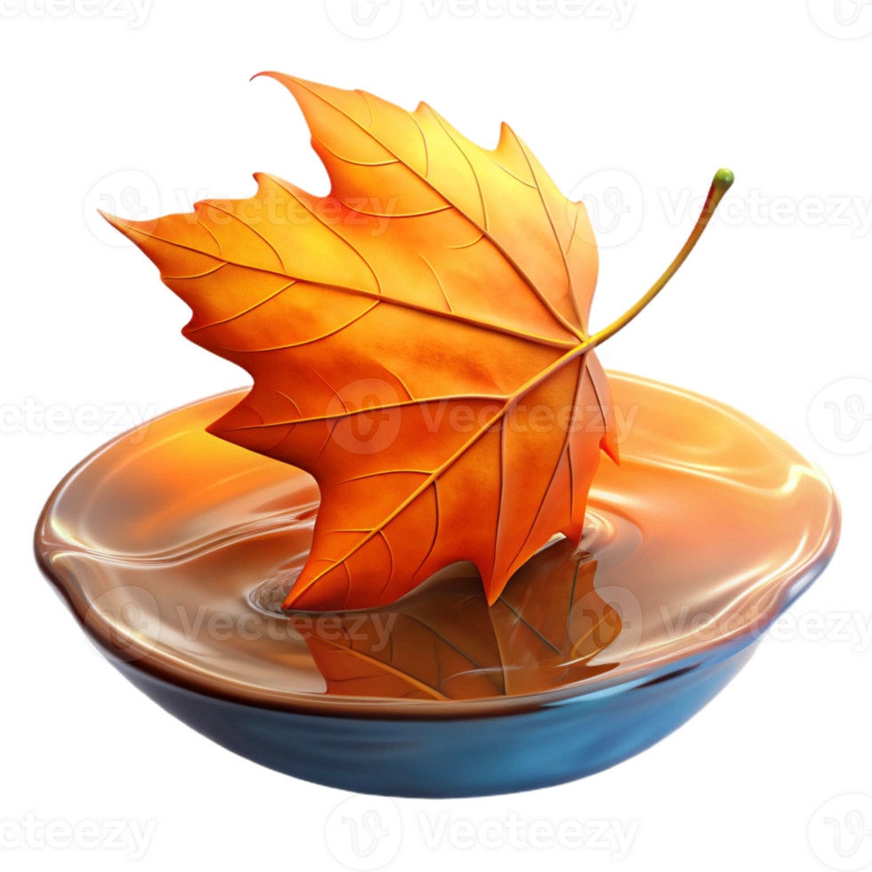 impressive abstract A single leaf floating on water, vibrant autumn colors, reflective surface, impressionist painting style detailed png