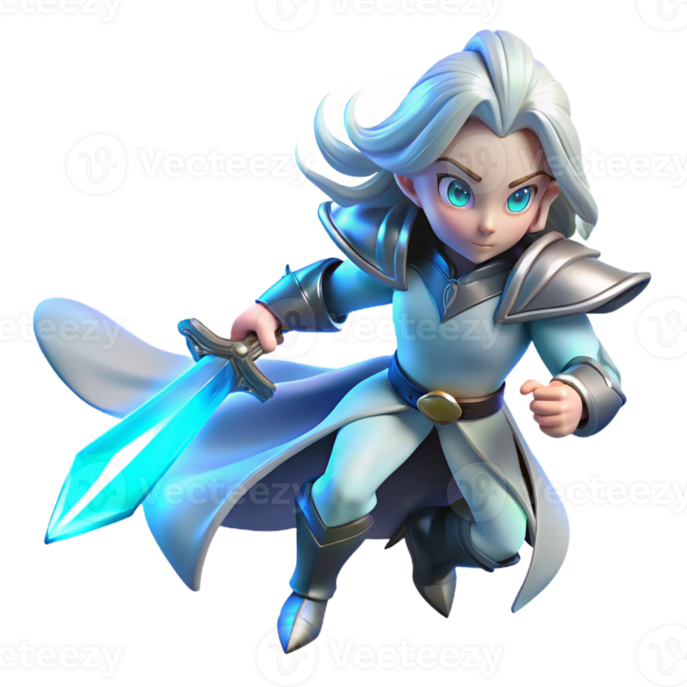 elegant traditional A lone, ethereal warrior with flowing silver hair and glowing blue eyes, wielding a crystal sword, bathed in soft moonlight. Art Nouveau style, highly detailed authentic png