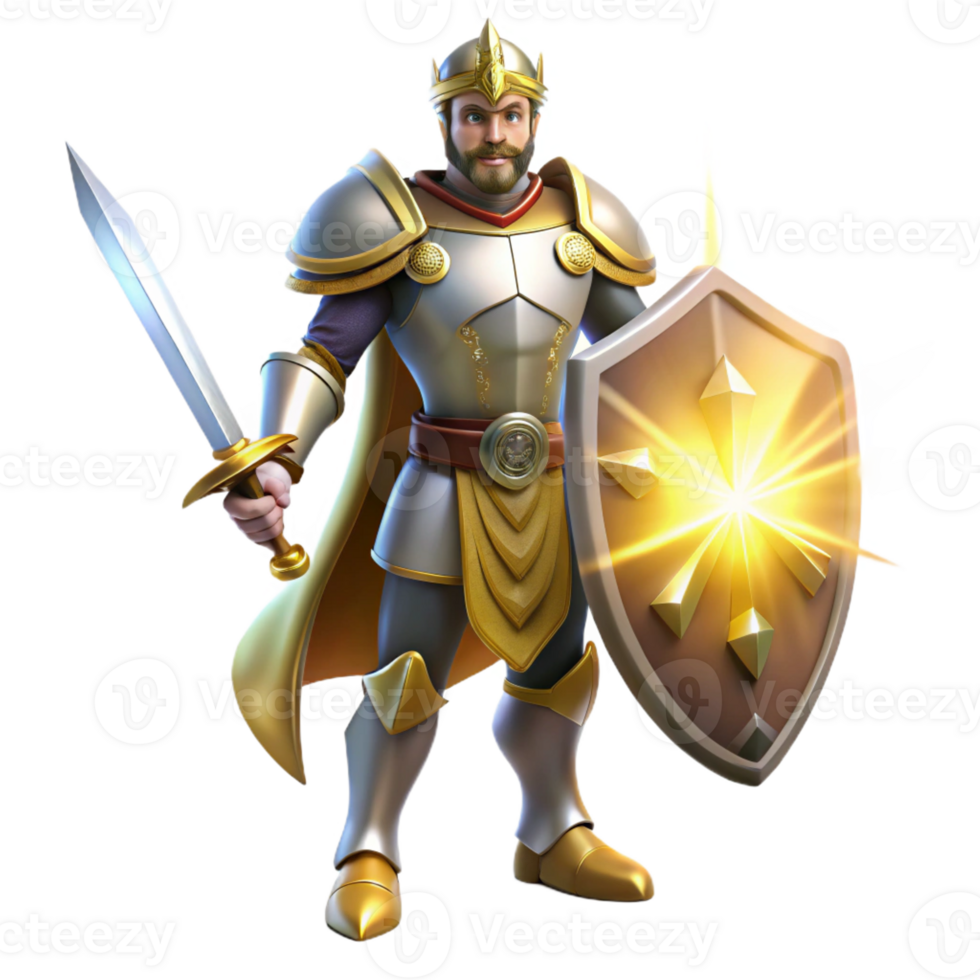 extraordinary vintage A noble knight in shining armor, wielding a sword and shield, standing in a heroic pose, illuminated by a divine light. Classical style detailed png