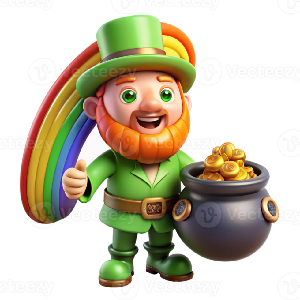 elegant abstract A mischievous leprechaun guarding his pot of gold at the end of a rainbow. Vibrant, colorful lighting. Cartoon style original png