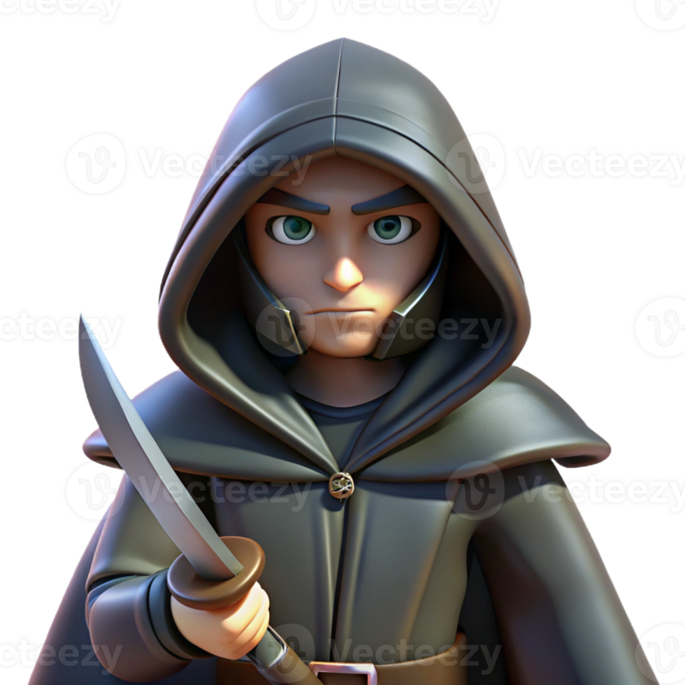 extraordinary modern A cunning rogue with a hooded cloak and a pair of daggers, lurking in the shadows. Low-key, dramatic lighting. Noir style 4K png