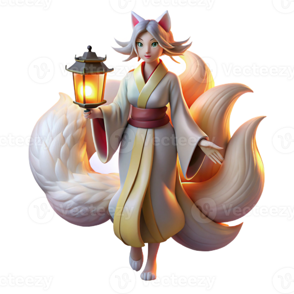 elegant abstract A cunning kitsune with nine flowing tails, transforming into a beautiful woman, under the light of a paper lantern. Ukiyo-e style original png