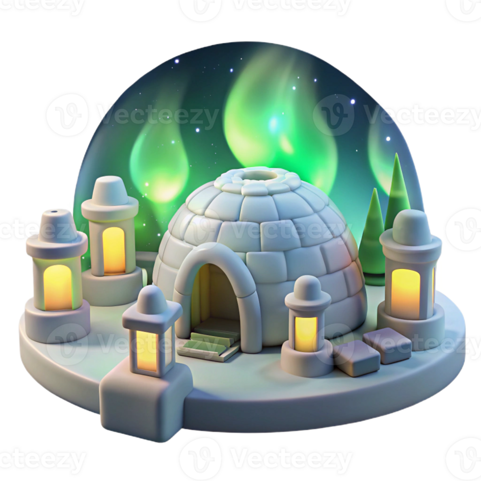 beautiful minimalist An igloo village with glowing ice lanterns and intricate carvings, arctic landscape, aurora borealis in the sky. Winter wonderland, Inuit culture, ethereal atmosphere authentic png