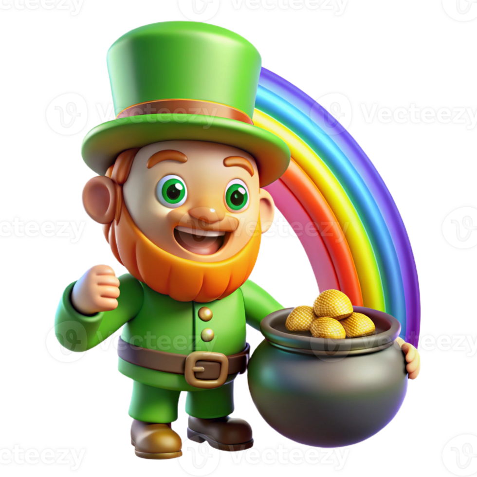 impressive contemporary A mischievous leprechaun guarding a pot of gold at the end of a rainbow, illuminated by the rainbow's light, in a whimsical illustration style genuine png