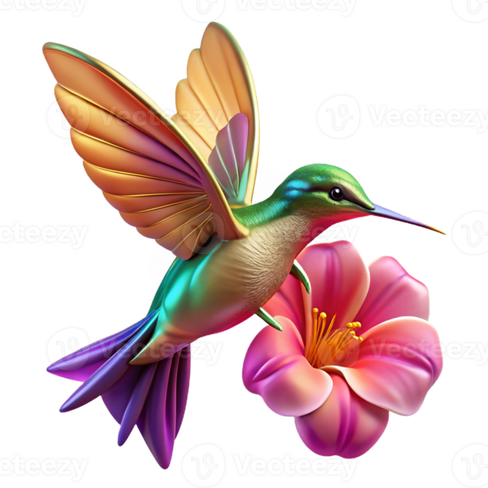 dramatic abstract A hummingbird hovering near a vibrant fuchsia flower, iridescent feathers, soft golden hour lighting, nature photography style detailed png