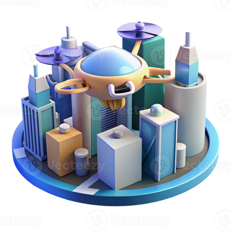 elegant contemporary A drone delivering a package in a futuristic city, aerial perspective, dynamic lighting professional png