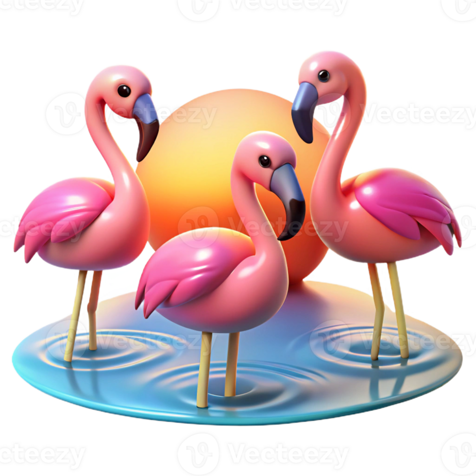 beautiful creative A group of flamingos standing in shallow water, sunset lighting, vibrant photography style exclusive png