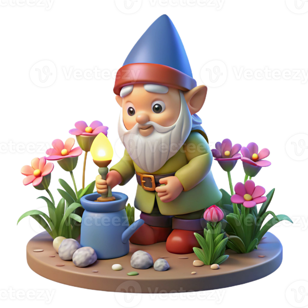 vibrant minimalist A whimsical gnome with a pointed hat and rosy cheeks, tending to a miniature garden filled with glowing flowers. Warm, inviting lighting. Storybook style exclusive png