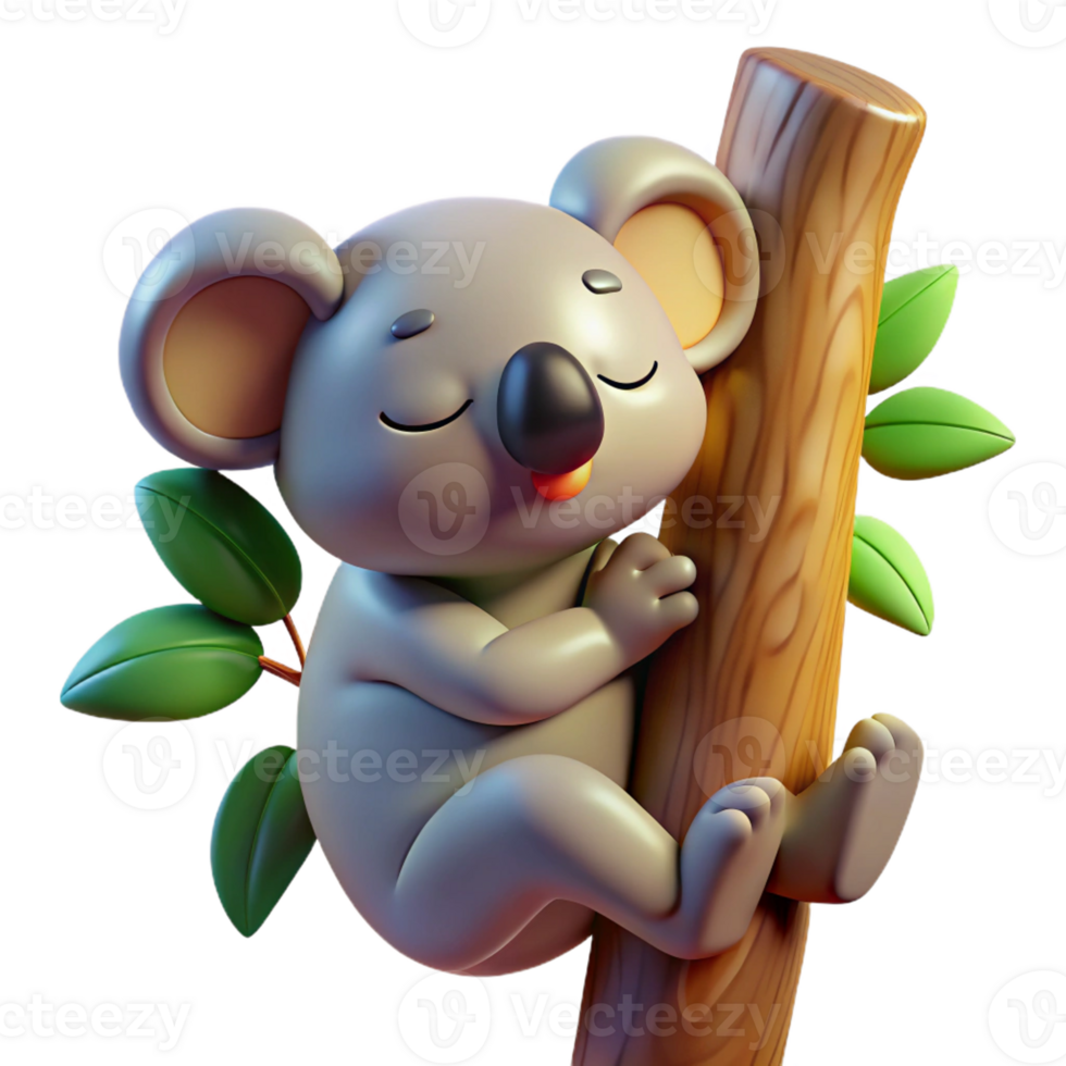 magnificent minimalist A sleepy koala clinging to a eucalyptus tree, illuminated by warm sunlight, in a cute, photorealistic style genuine png