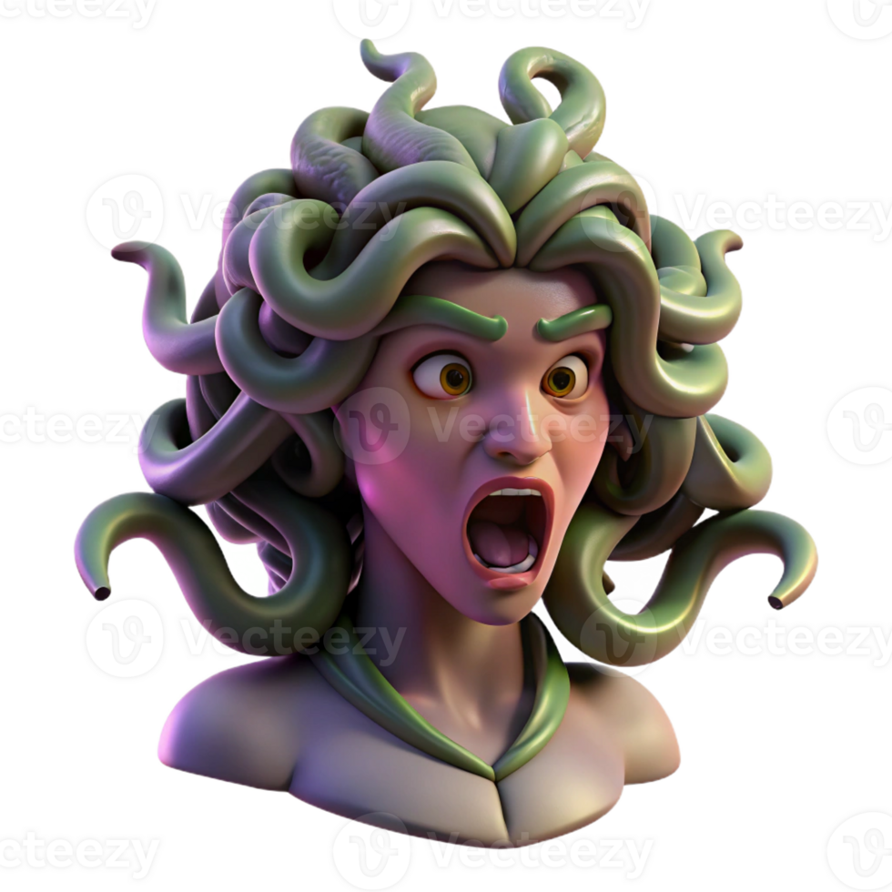 elegant classic A fierce gorgon with snakes for hair, turning a warrior to stone, in a dramatic, baroque style, with chiaroscuro lighting high quality png