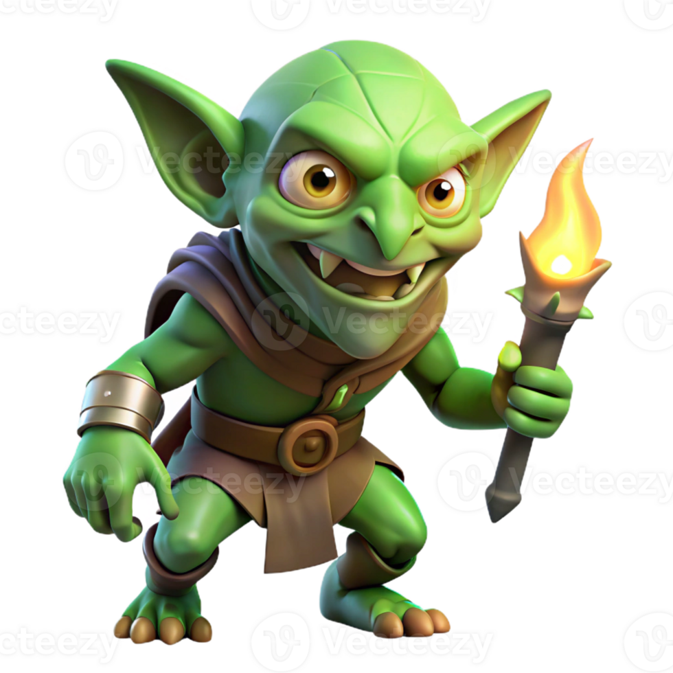 elegant artistic A cunning goblin with sharp teeth and glowing green eyes, sneaking through a dark alley, lit by a single torch. Gothic style professional png
