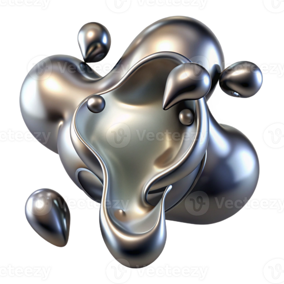 serene minimalist Liquid metal droplets merging and separating, reflecting a distorted, fragmented image of the surrounding space, in an abstract expressionist style exclusive png