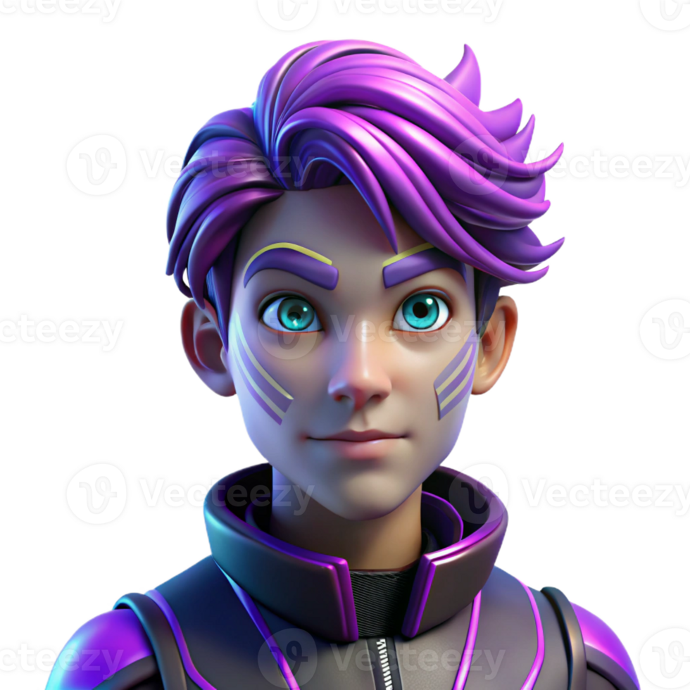 wonderful modern Portrait of a non-binary person with vibrant purple hair and intricate face paint, lit by neon lights, in a cyberpunk style original png