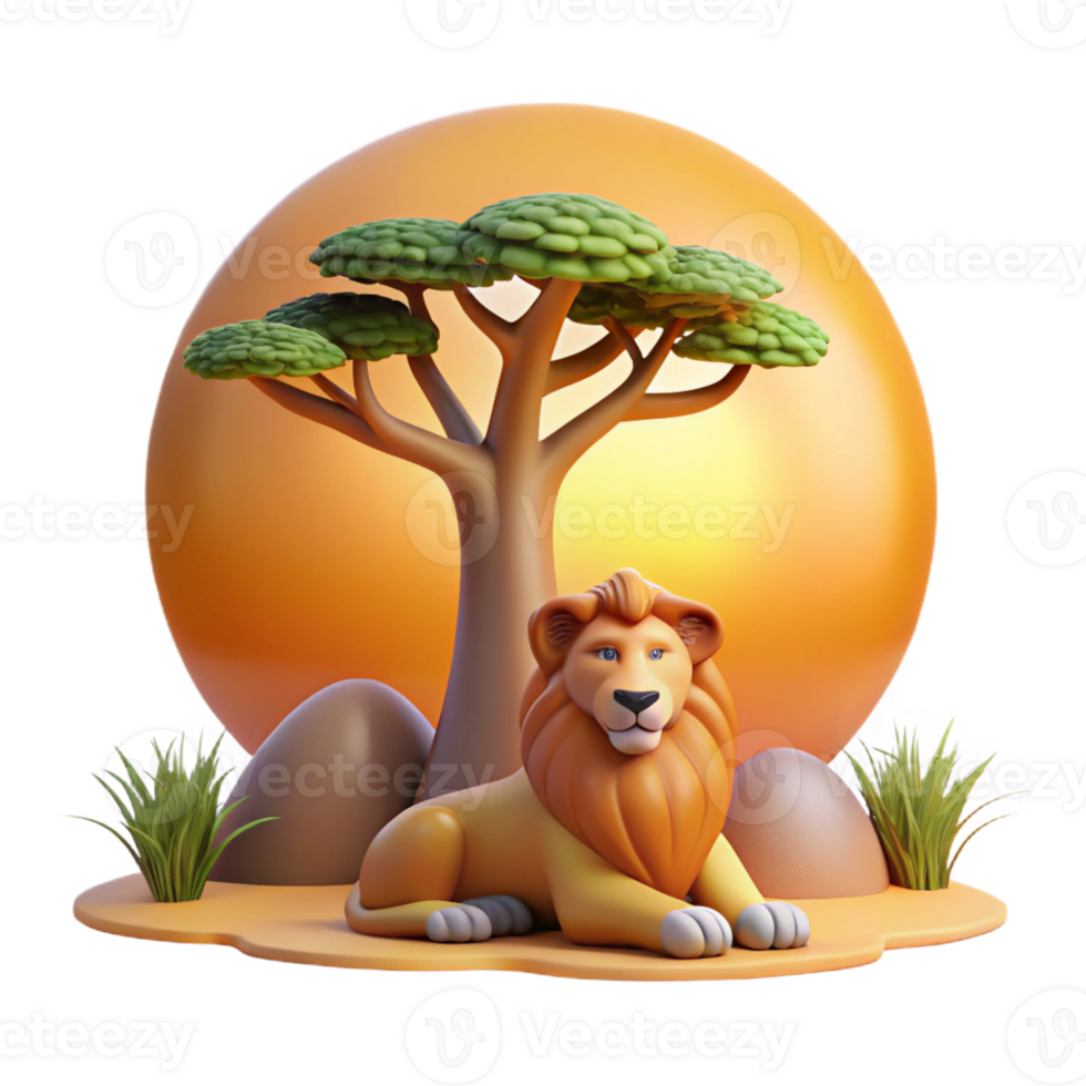 serene abstract A regal lion pride resting under the shade of a baobab tree, golden hour lighting, National Geographic style high quality png