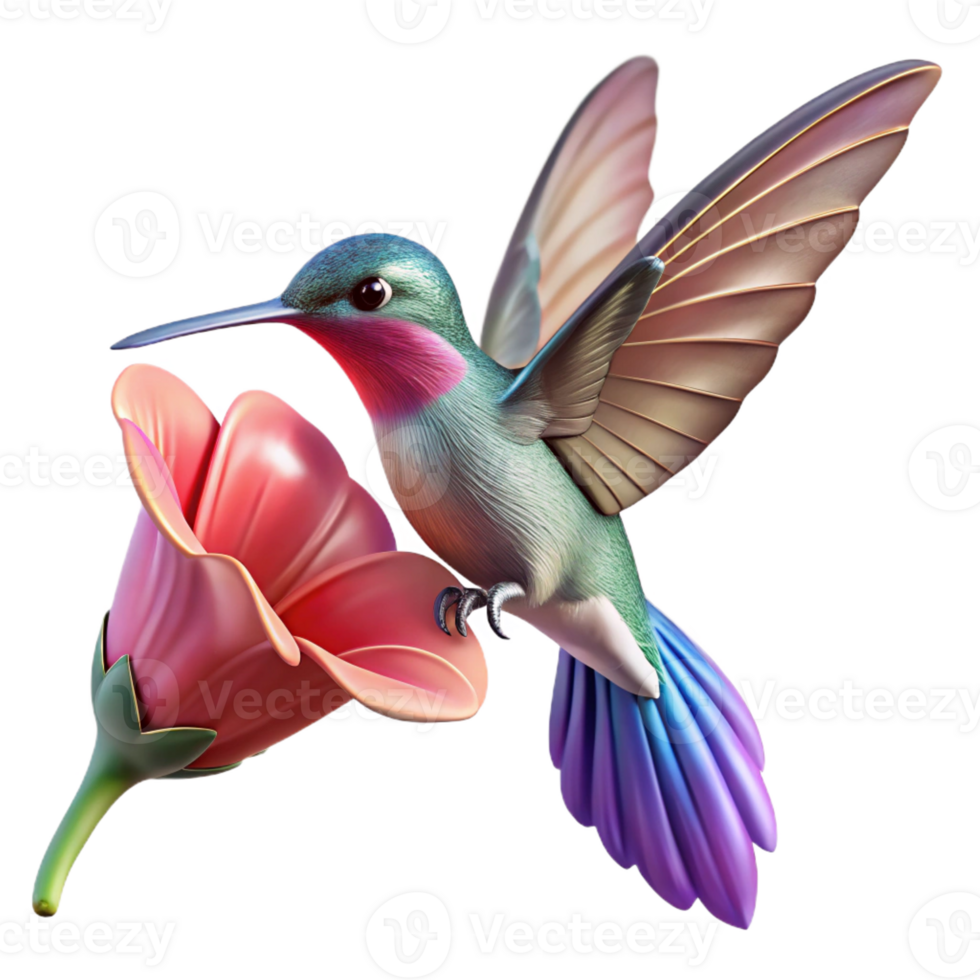 magnificent modern A hummingbird hovering in mid-air, wings blurred in motion, sipping nectar from a vibrant fuchsia flower, with a dynamic painting style genuine png