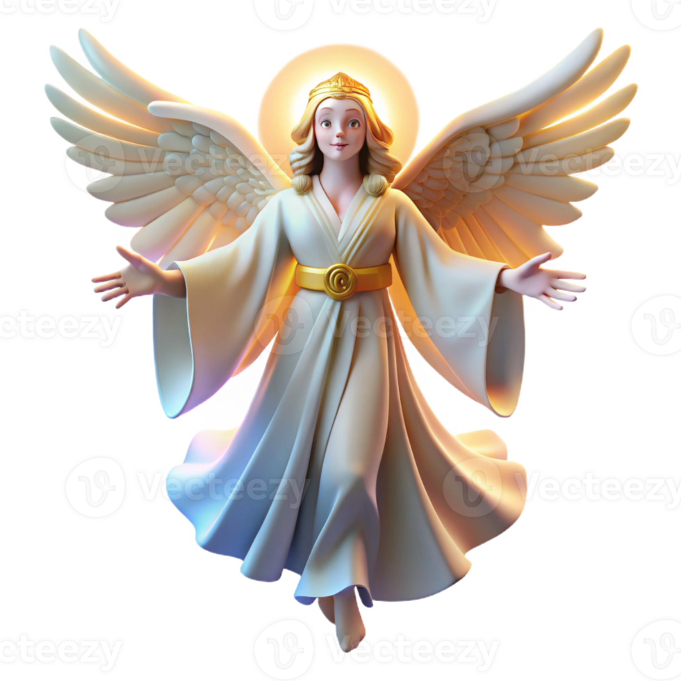 beautiful traditional A graceful celestial being with flowing robes and glowing wings, descending from the heavens. Divine style, ethereal light detailed png