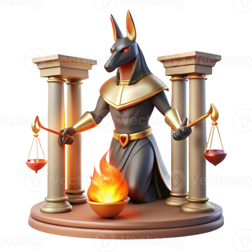 serene abstract A benevolent Anubis weighing a heart against a feather, in the Hall of Judgment, lit by ethereal flames, in an ancient Egyptian style high quality png