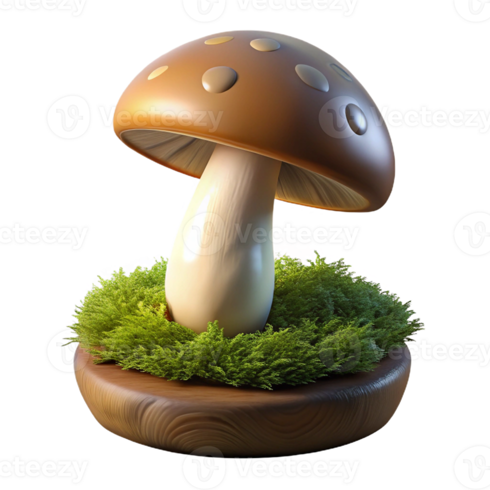 vibrant abstract A mushroom growing on a mossy log, illuminated by soft, dappled light, with a detailed, botanical illustration style original png