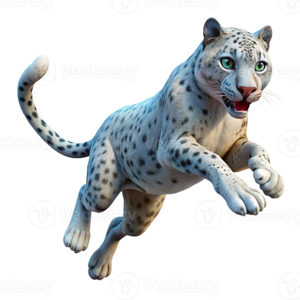 extraordinary contemporary A majestic snow leopard leaping through the air, mid-pounce, illuminated by a single spotlight, hyperrealistic style professional png