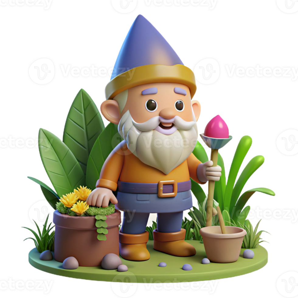 beautiful artistic A whimsical gnome with a pointed hat and a cheerful smile, tending to a magical garden. Warm, inviting lighting. Children's book illustration style 4K png