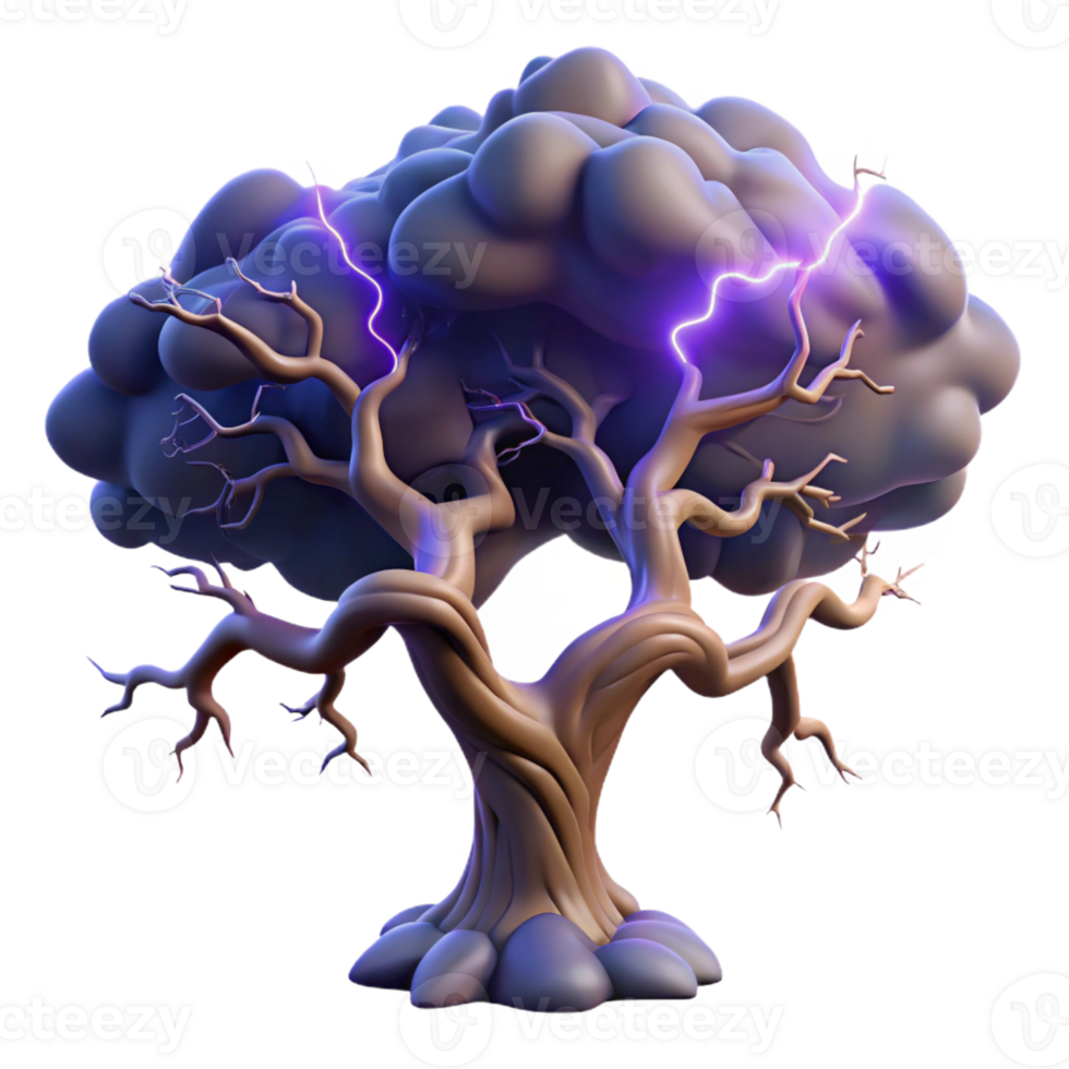 impressive vintage A gnarled oak tree silhouetted against a stormy sky, lightning illuminating its branches, with a dramatic, dark fantasy style high resolution png