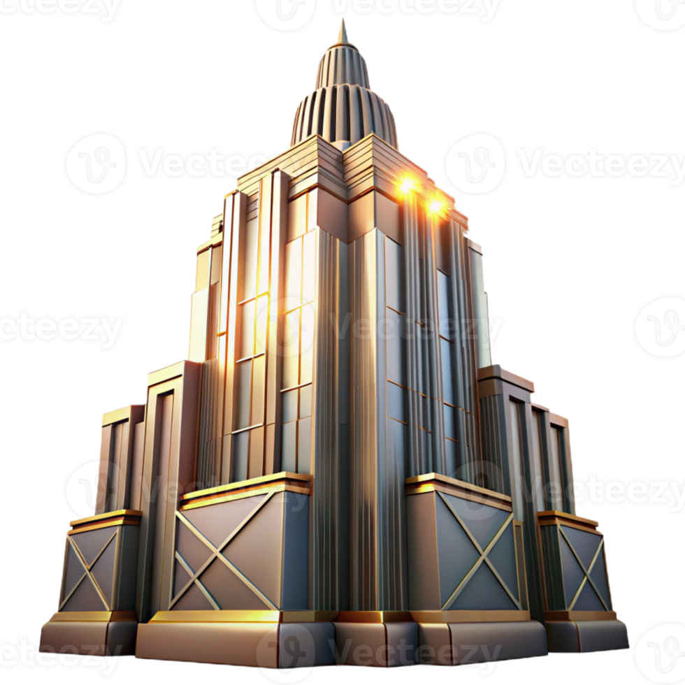 serene creative Art Deco skyscraper, intricate geometric facade, chrome accents, sunlight streaming from the upper right, volumetric lighting, cinematic style genuine png