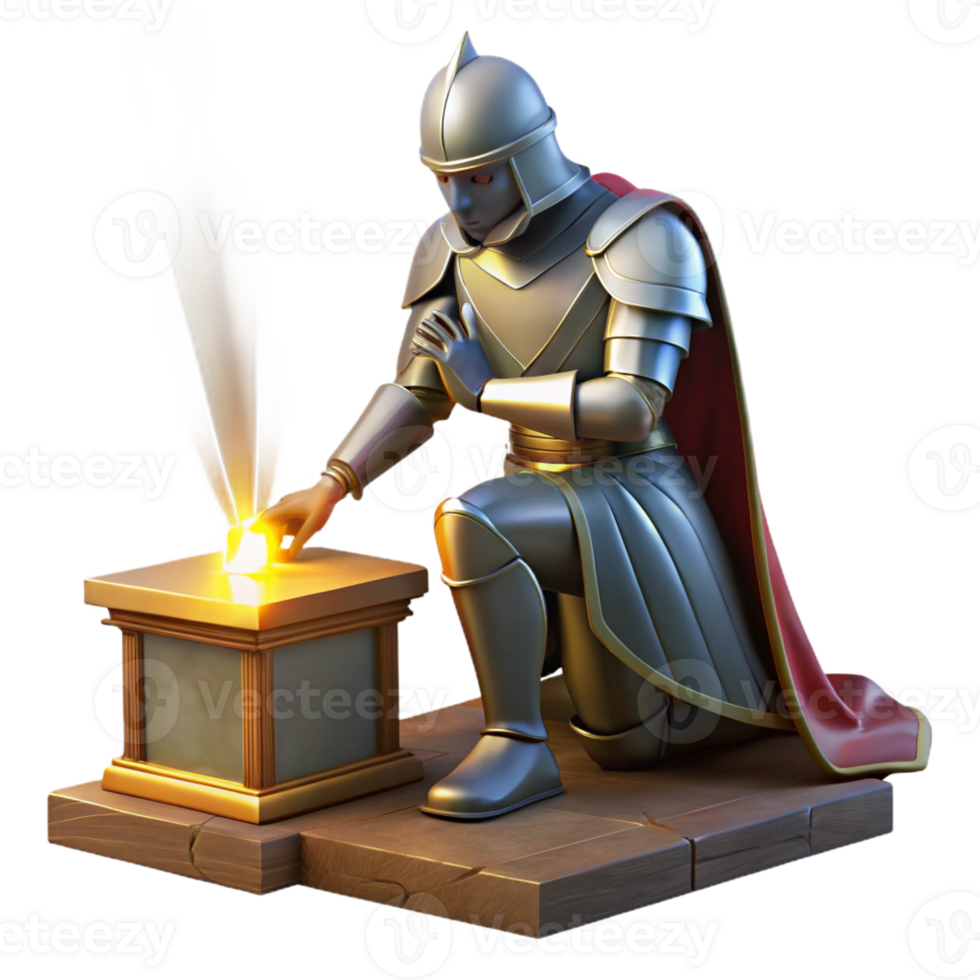 beautiful contemporary A stoic knight in shining armor, kneeling before a sacred altar, a beam of light shining down upon him. Classical painting style, dramatic lighting authentic png
