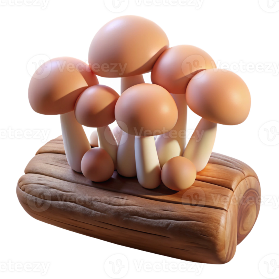 serene rustic A cluster of mushrooms growing on a log, earthy tones, soft diffused light, nature photography style detailed png