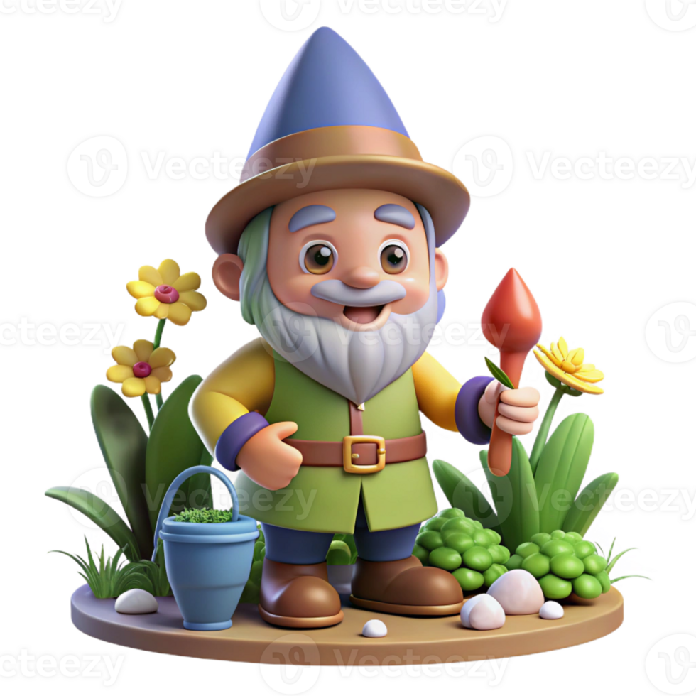 extraordinary classic A whimsical gnome with a pointed hat and a cheerful smile, tending to a magical garden. Warm, inviting lighting. Children's book illustration style authentic png