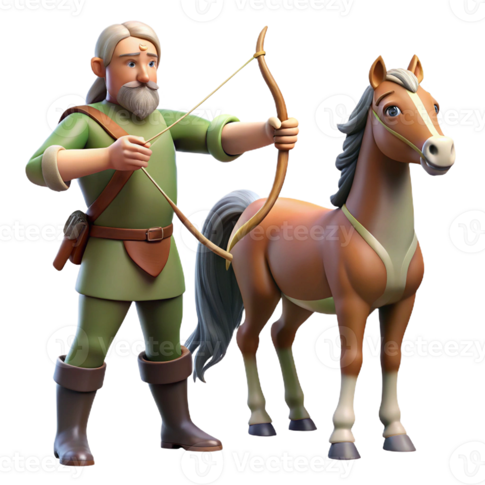 serene traditional A wise old centaur with the body of a horse and the torso of a man, teaching a young elf archery, surrounded by lush forest foliage. Soft, dappled lighting. Classical style original png