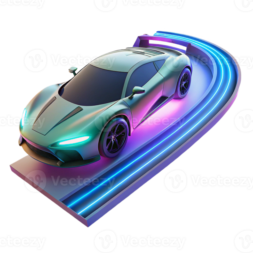 magnificent rustic A futuristic sports car hovering above a neon-lit racetrack, leaving a trail of light in its wake. Cyberpunk style premium png
