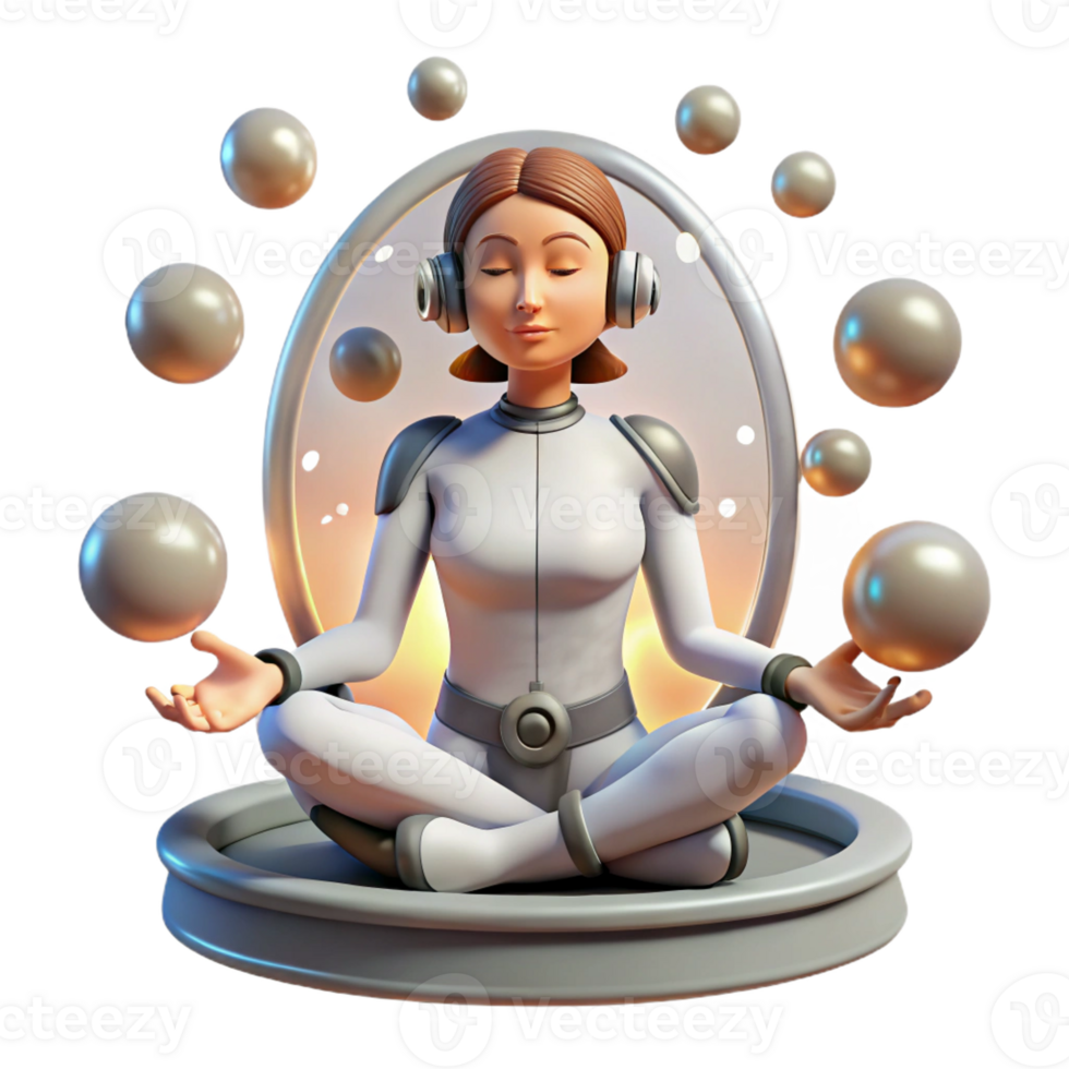 beautiful artistic A young woman with cybernetic implants meditating in a zero-gravity chamber, surrounded by floating orbs of light. Surrealist style genuine png