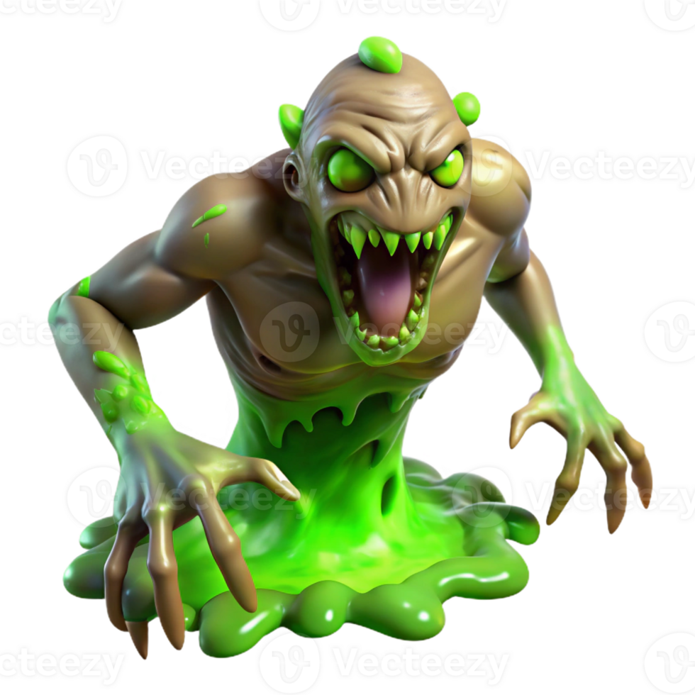 dramatic traditional A grotesque, mutated creature with glowing green skin emerging from a toxic swamp. Lit by flickering swamp gas, depicted in a biopunk, horror style detailed png
