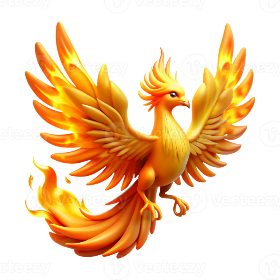 impressive contemporary A majestic phoenix with fiery plumage, rising from ashes, bathed in golden light, dramatic and symbolic style premium png