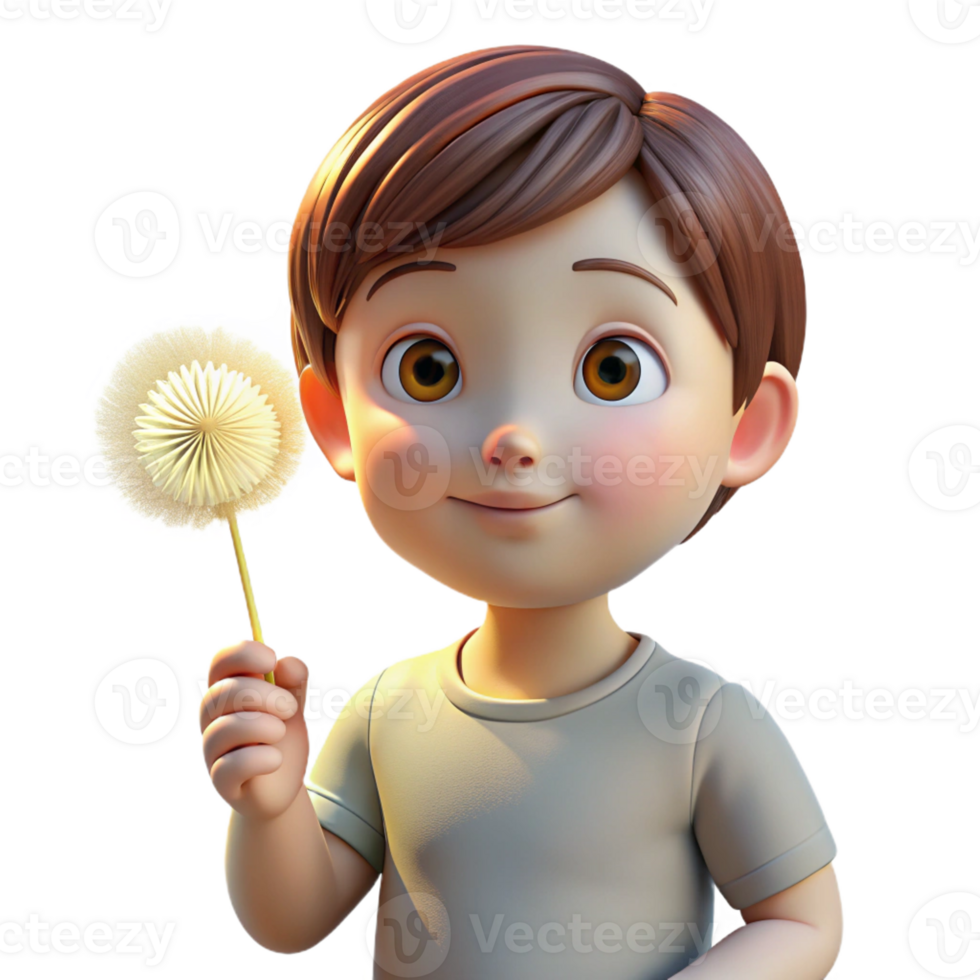 vibrant abstract Portrait of a child with wide, innocent eyes, holding a dandelion, lit by warm, golden sunlight, in a whimsical style exclusive png