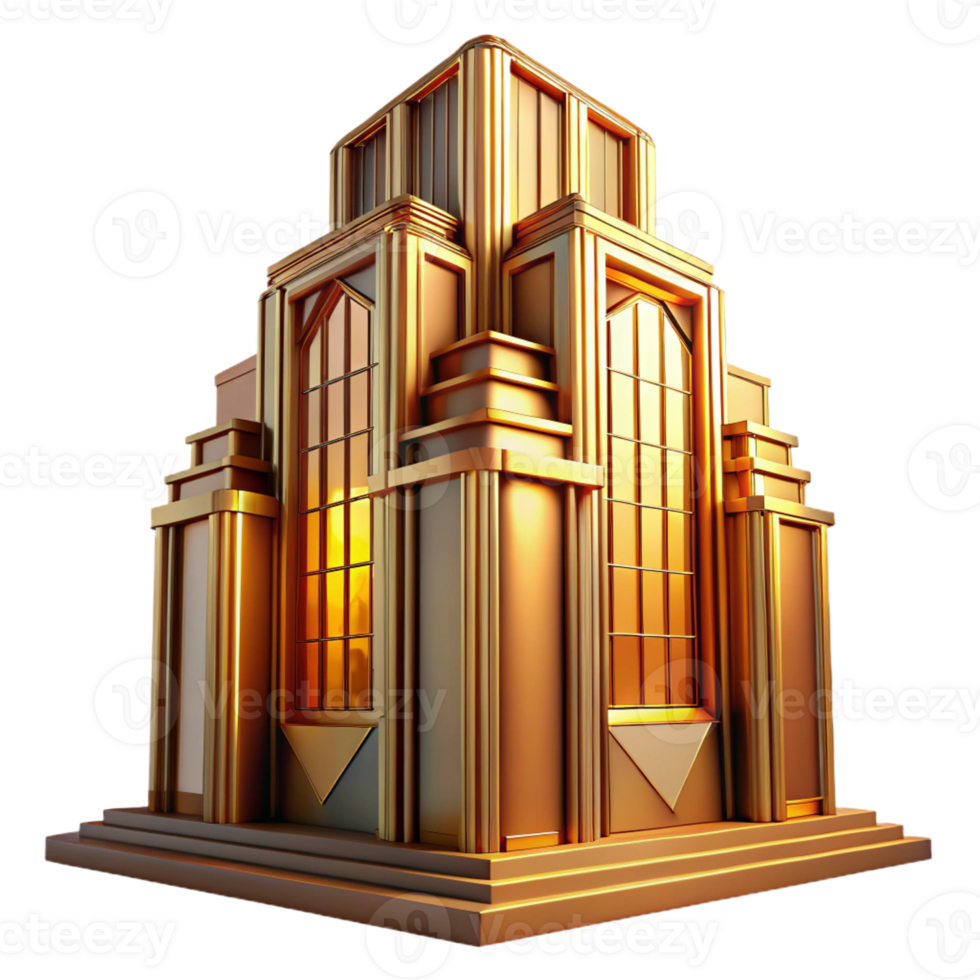 beautiful creative An art deco skyscraper with gold accents and geometric patterns, bathed in the warm glow of a golden hour sunset. Art Deco style, realistic rendering, cinematic lighting detailed png